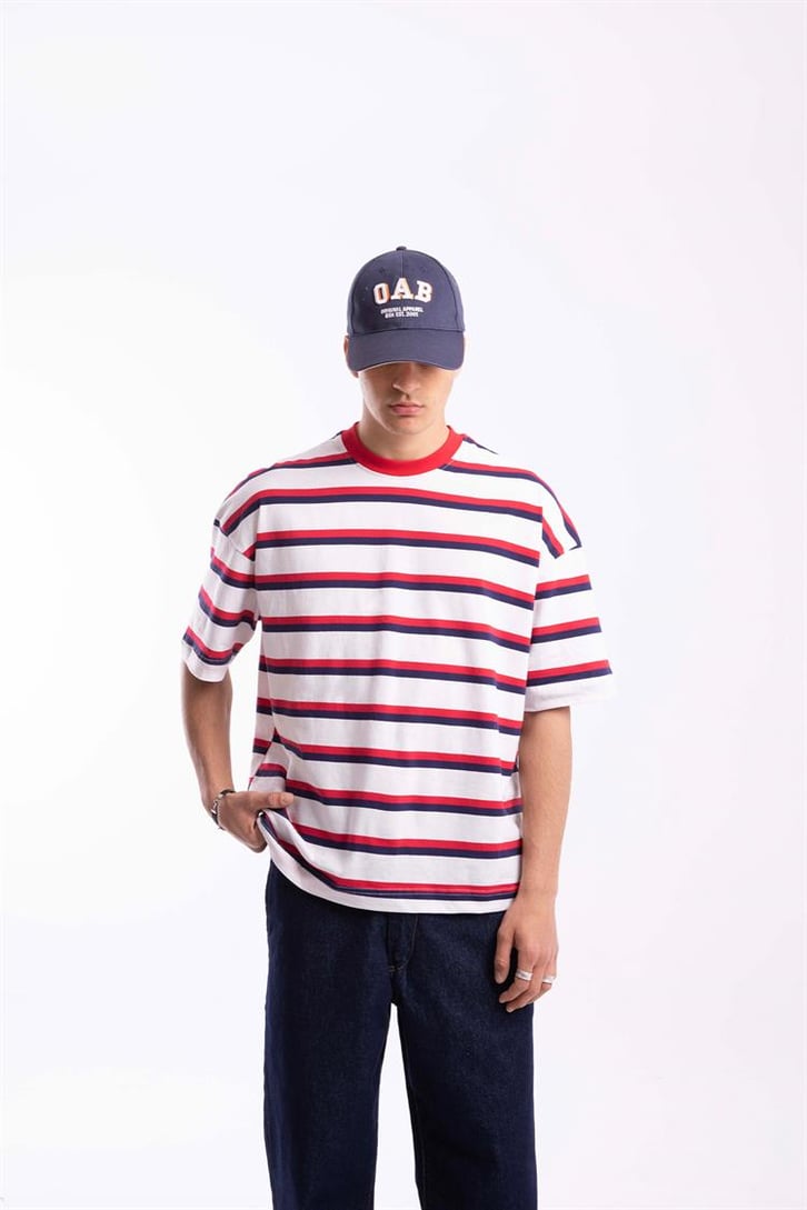 Flaw Atelier Basic Lacivert-Kırmızı Çizgili Oversize Tshirt
