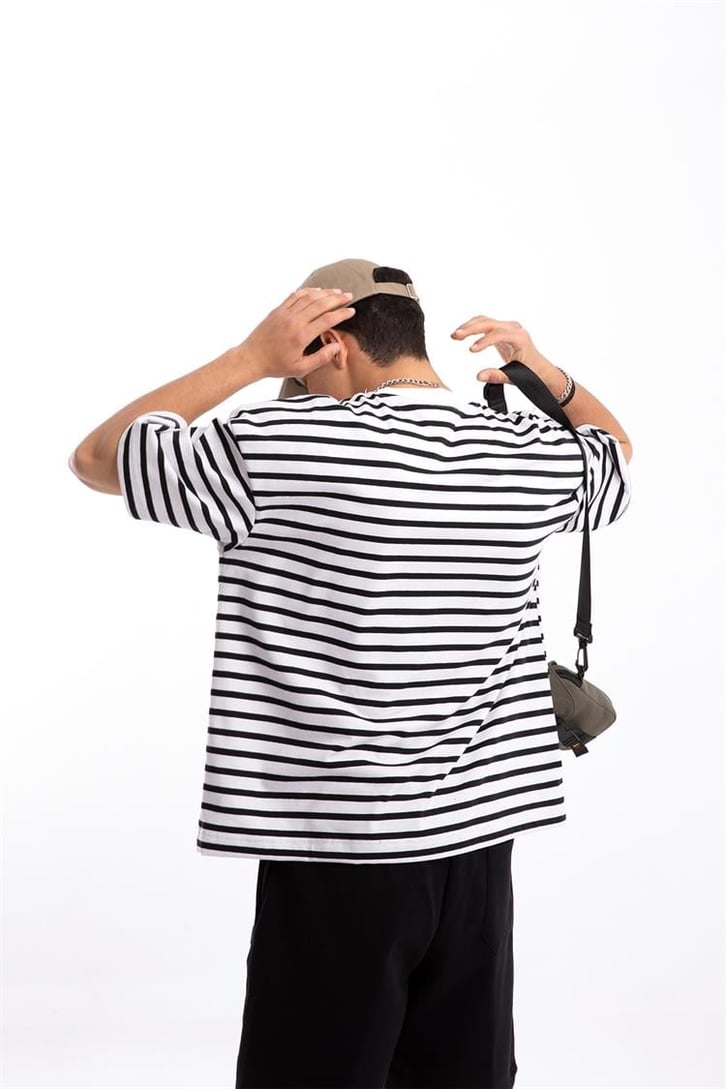 Flaw Atelier Basic Siyah Çizgili Beyaz Oversize Tshirt