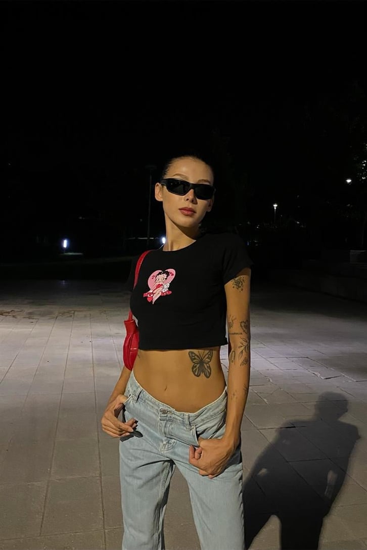 Flaw Atelier Belly Heart Baskılı Siyah Crop