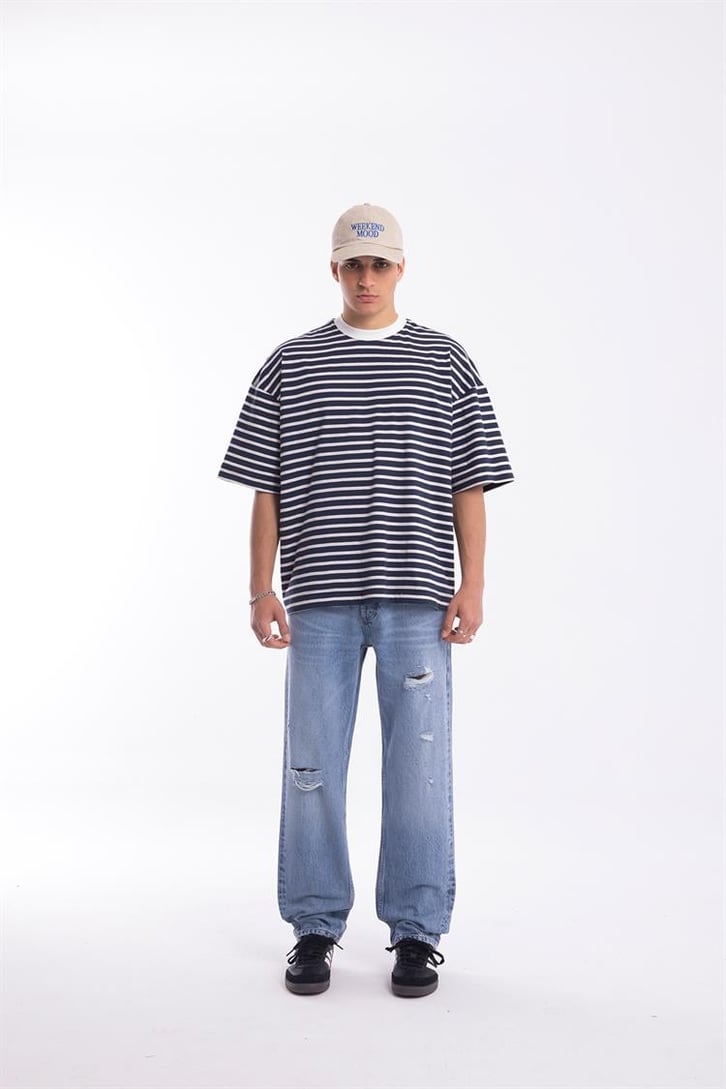Flaw Atelier Beyaz Çizgili Lacivert Oversize Tshirt