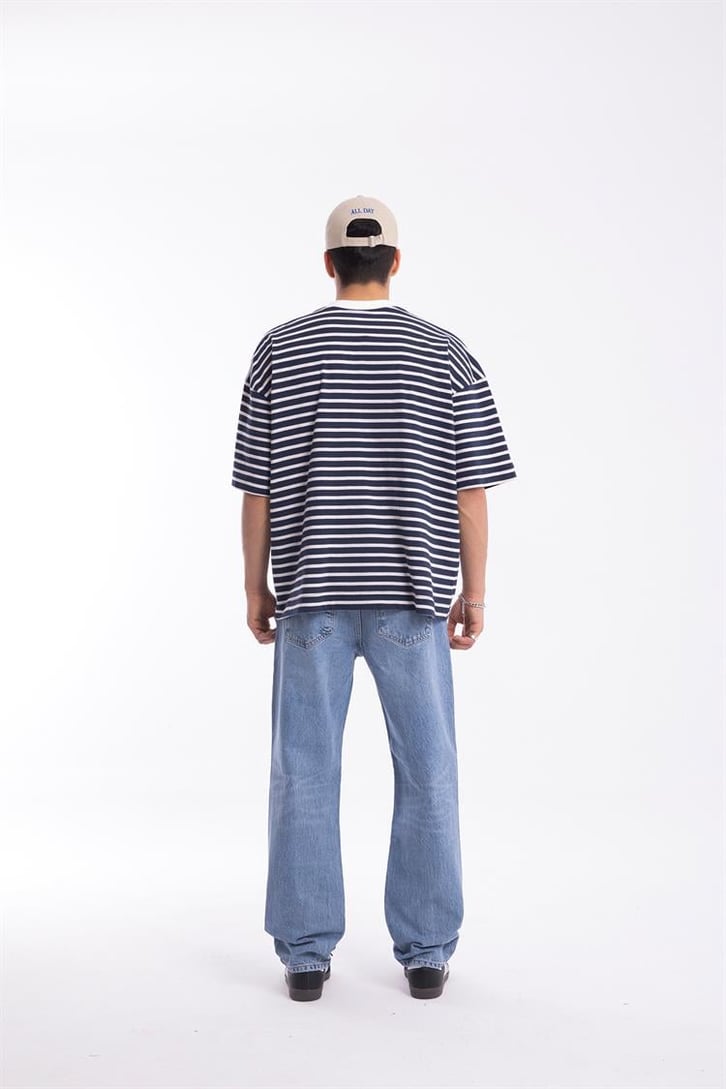 Flaw Atelier Beyaz Çizgili Lacivert Oversize Tshirt