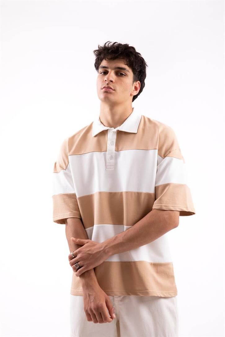 Flaw Atelier Çizgili Camel Polo Yaka Tshirt