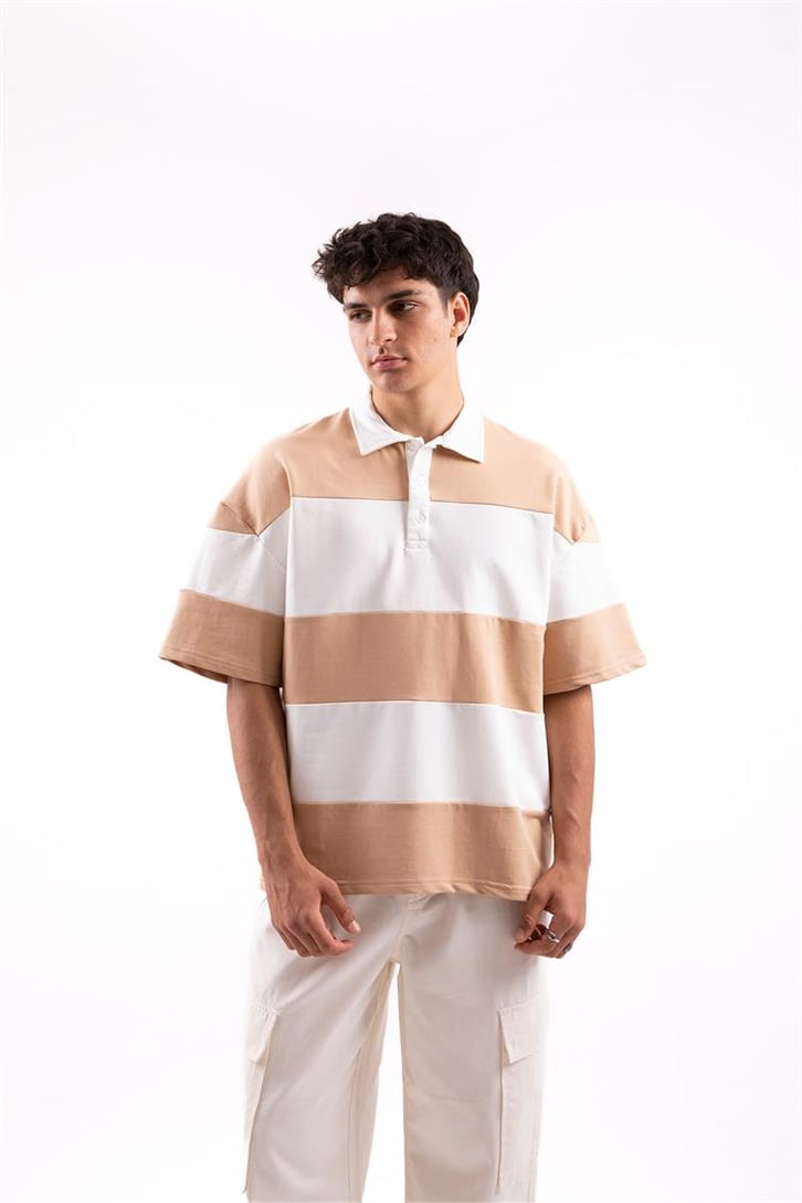 Flaw Atelier Çizgili Camel Polo Yaka Tshirt