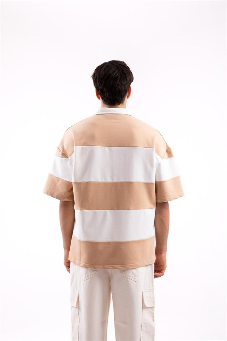 Flaw Atelier Çizgili Camel Polo Yaka Tshirt