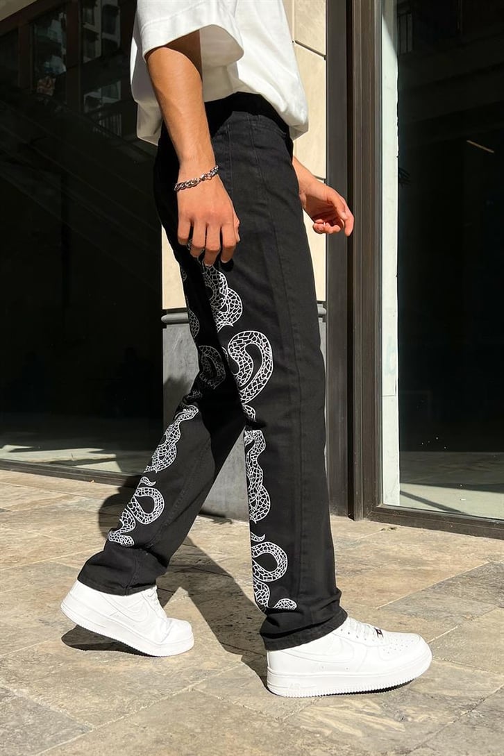 Flaw Atelier Cobra Baskılı Regular Siyah Fit Jean