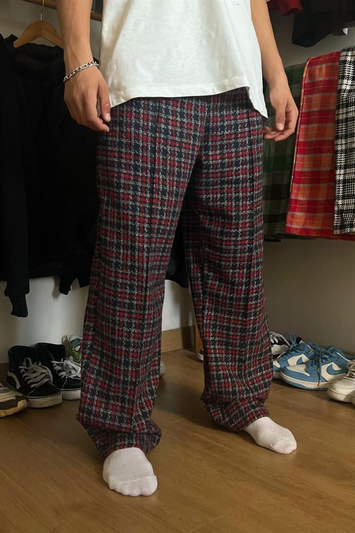 Flaw Atelier Ekose Kalın Kumaş Bordo Pijama Eşofman