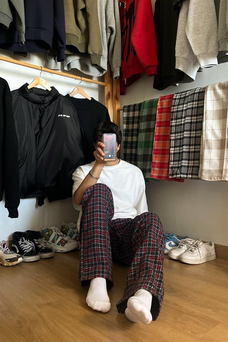 Flaw Atelier Ekose Kalın Kumaş Bordo Pijama Eşofman
