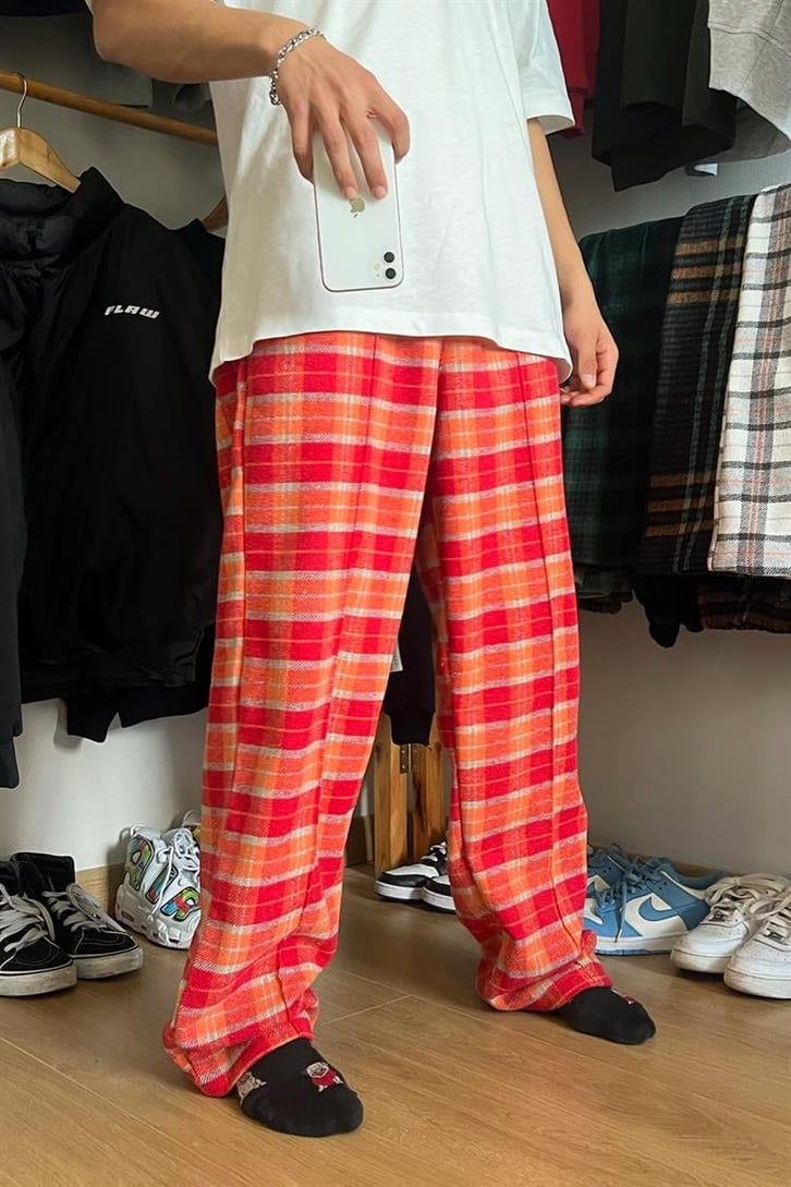 Flaw Atelier Ekose Kalın Kumaş Kırmızı İçi Pamuklu Pijama Eşofman