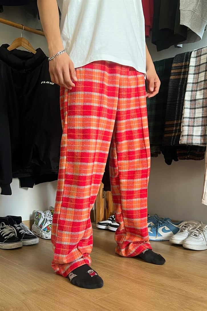 Flaw Atelier Ekose Kalın Kumaş Kırmızı İçi Pamuklu Pijama Eşofman