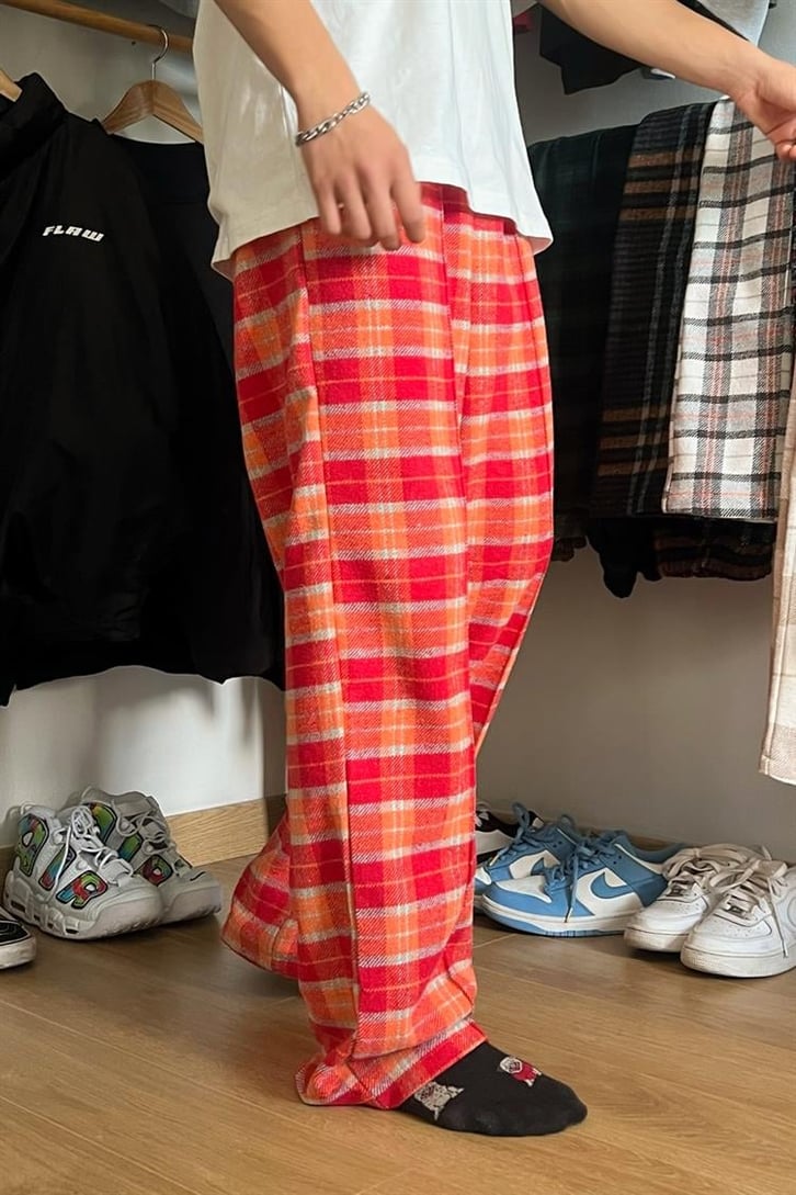 Flaw Atelier Ekose Kalın Kumaş Kırmızı İçi Pamuklu Pijama Eşofman