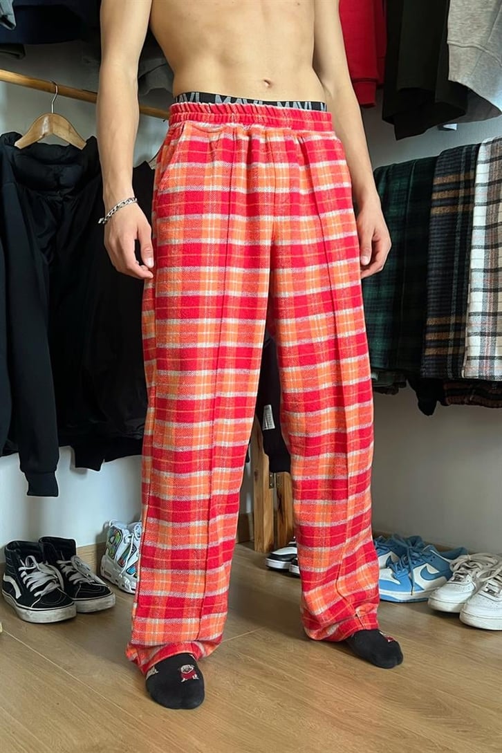 Flaw Atelier Ekose Kalın Kumaş Kırmızı İçi Pamuklu Pijama Eşofman