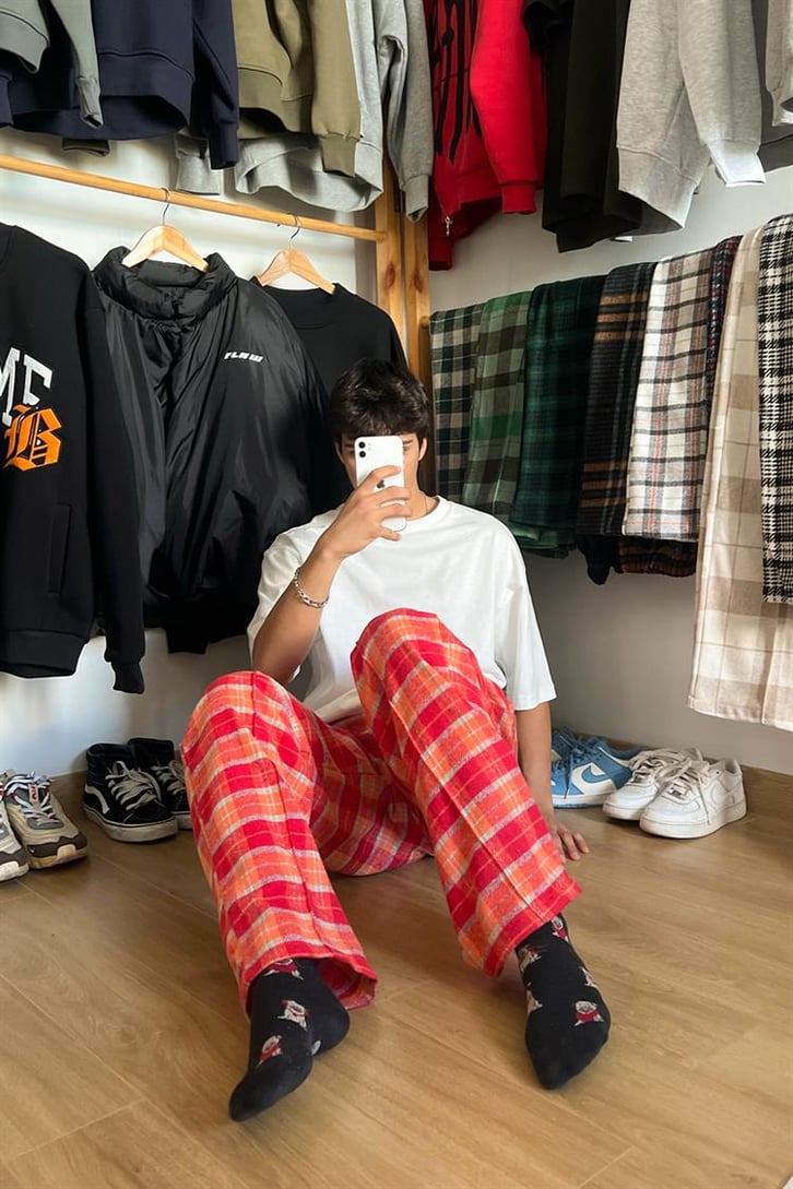 Flaw Atelier Ekose Kalın Kumaş Kırmızı İçi Pamuklu Pijama Eşofman