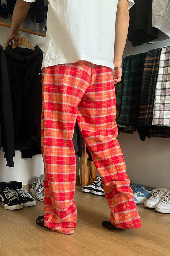 Flaw Atelier Ekose Kalın Kumaş Kırmızı İçi Pamuklu Pijama Eşofman