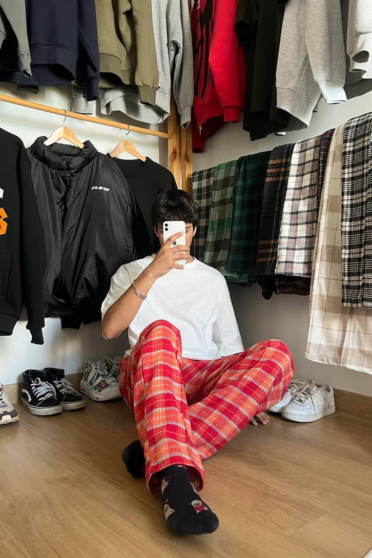 Flaw Atelier Ekose Kalın Kumaş Kırmızı İçi Pamuklu Pijama Eşofman
