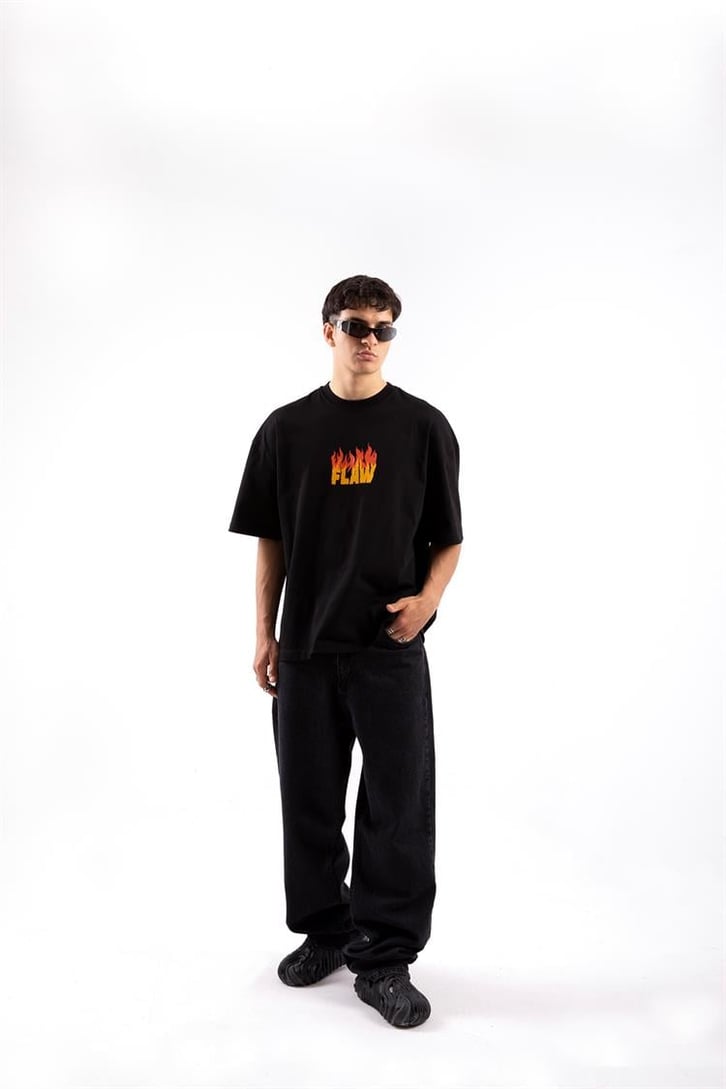 Flaw Atelier Flame Logo Siyah Oversize Tshirt