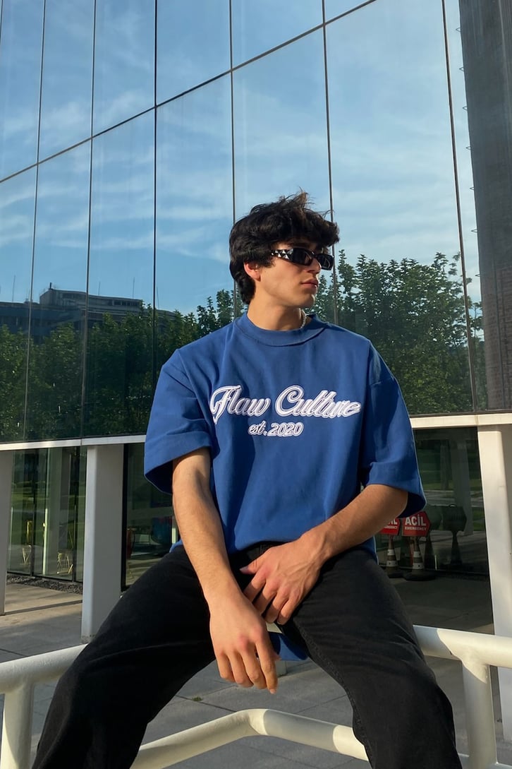 Flaw Atelier Flaw Culture Nakışlı Navy Blue Oversize Tee