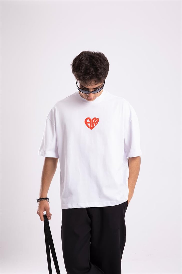 Flaw Atelier Flaw Heart Printed Beyaz Oversize Tişört