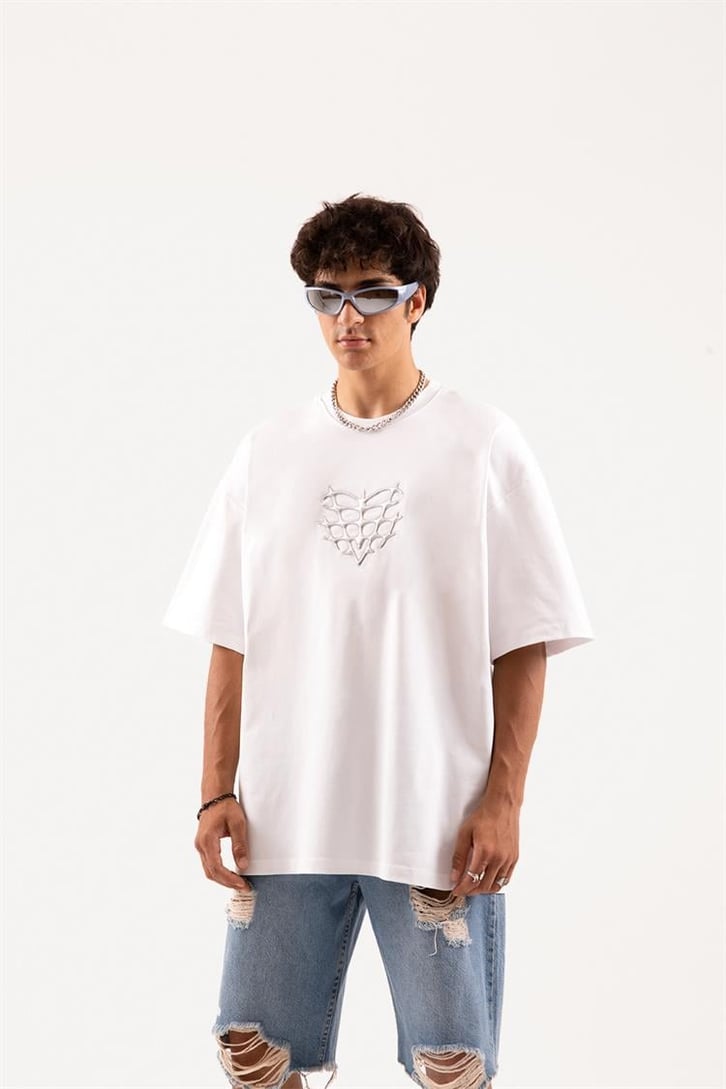 Flaw Atelier Heart Hologram Puff Print Beyaz Oversize Tişört
