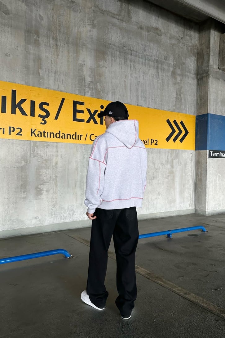 Flaw Atelier Kontrast Dikişli Gri Oversize Hoodie