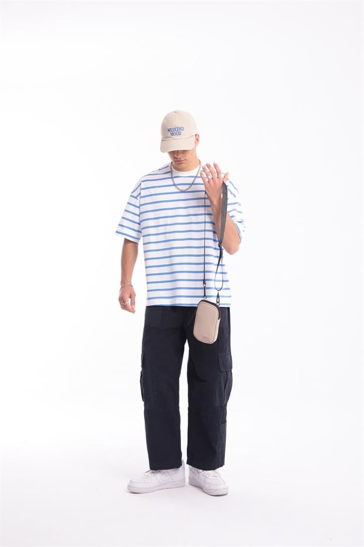Flaw Atelier Mavi Çizgili Beyaz Oversize Tshirt 