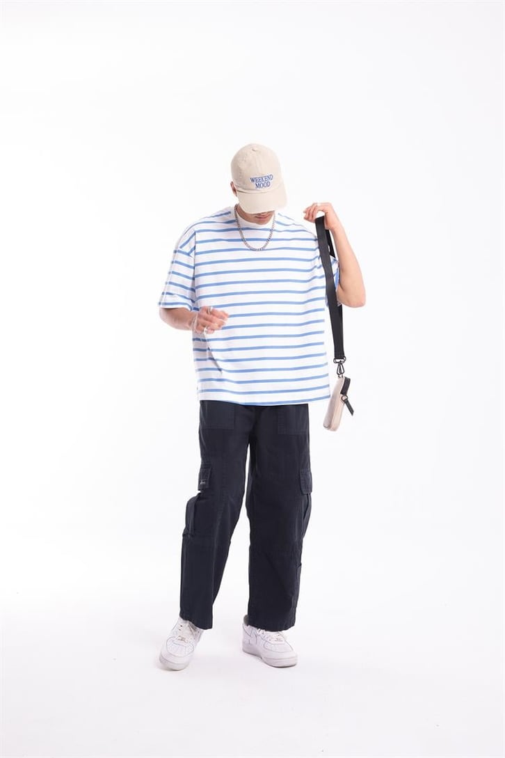 Flaw Atelier Mavi Çizgili Beyaz Oversize Tshirt 