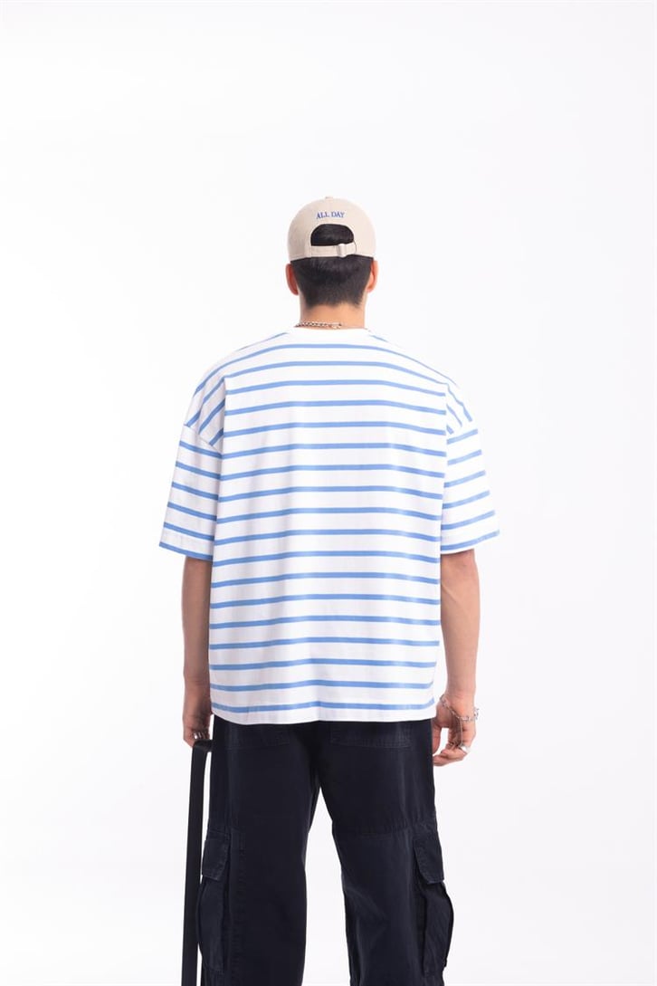Flaw Atelier Mavi Çizgili Beyaz Oversize Tshirt 
