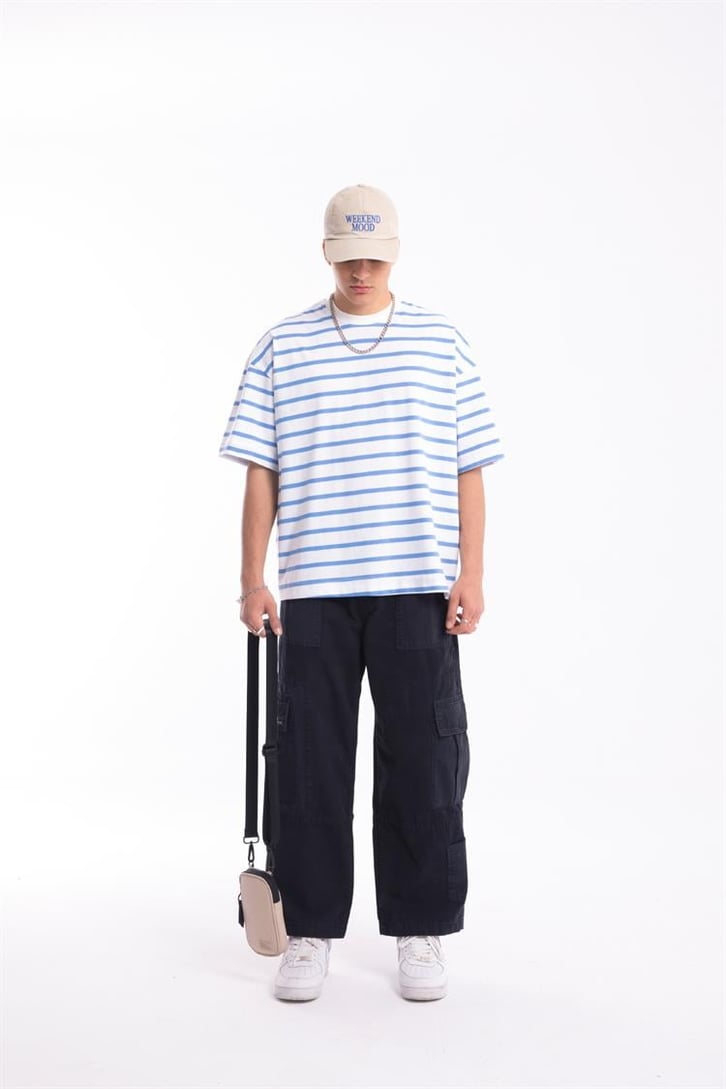 Flaw Atelier Mavi Çizgili Beyaz Oversize Tshirt 