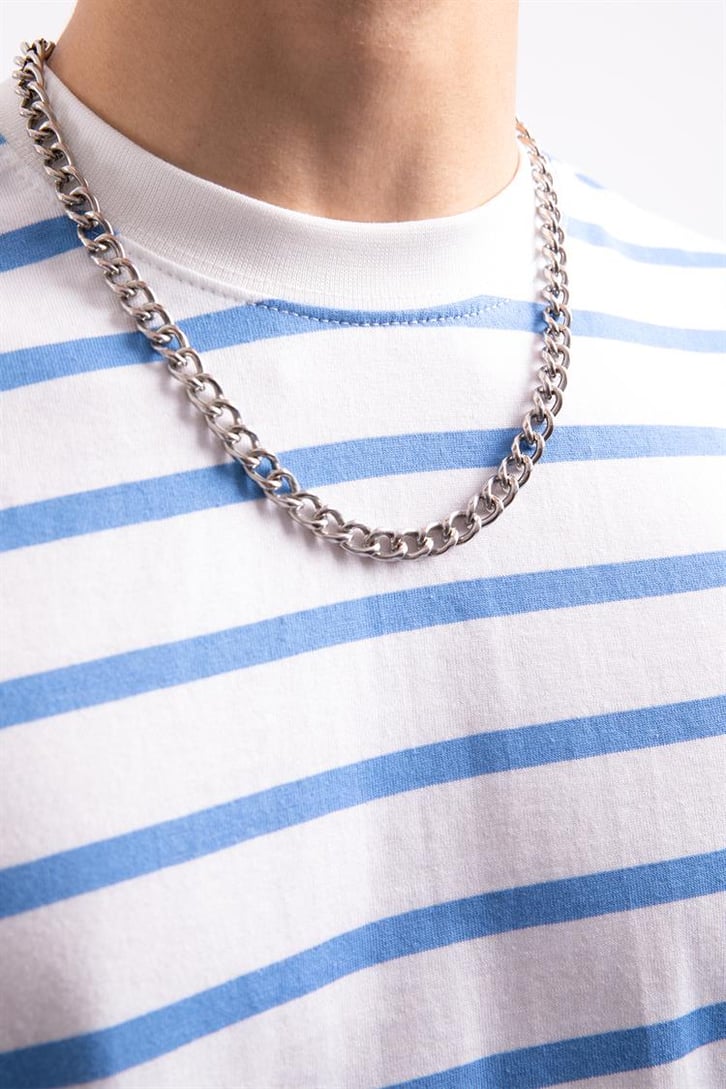 Flaw Atelier Mavi Çizgili Beyaz Oversize Tshirt 