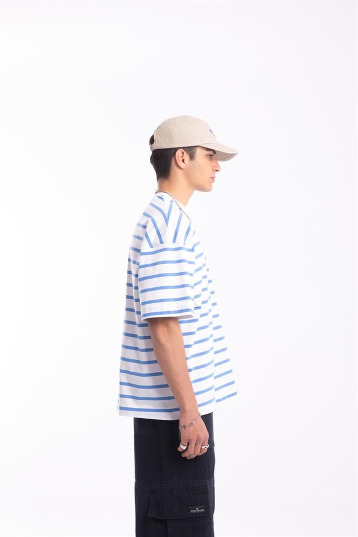Flaw Atelier Mavi Çizgili Beyaz Oversize Tshirt 