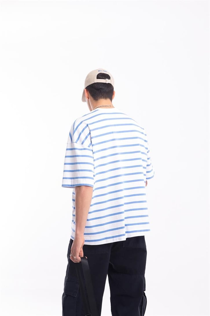 Flaw Atelier Mavi Çizgili Beyaz Oversize Tshirt 