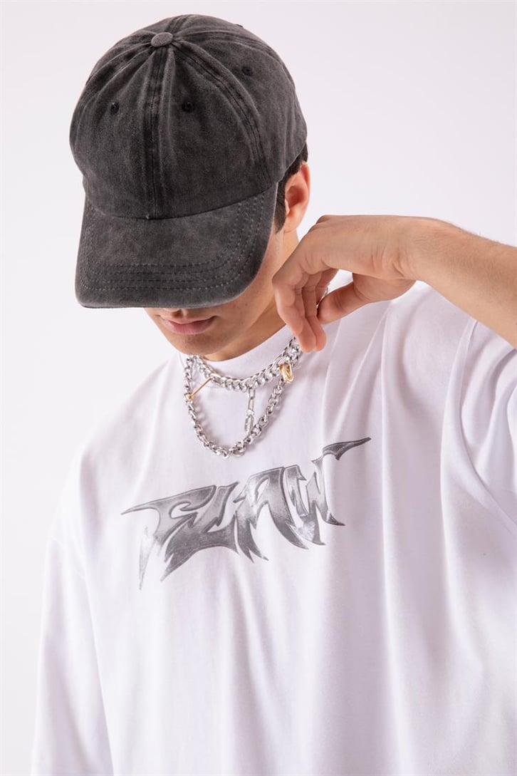 Flaw Atelier Metallic Logo Printed Beyaz Oversize Tshirt
