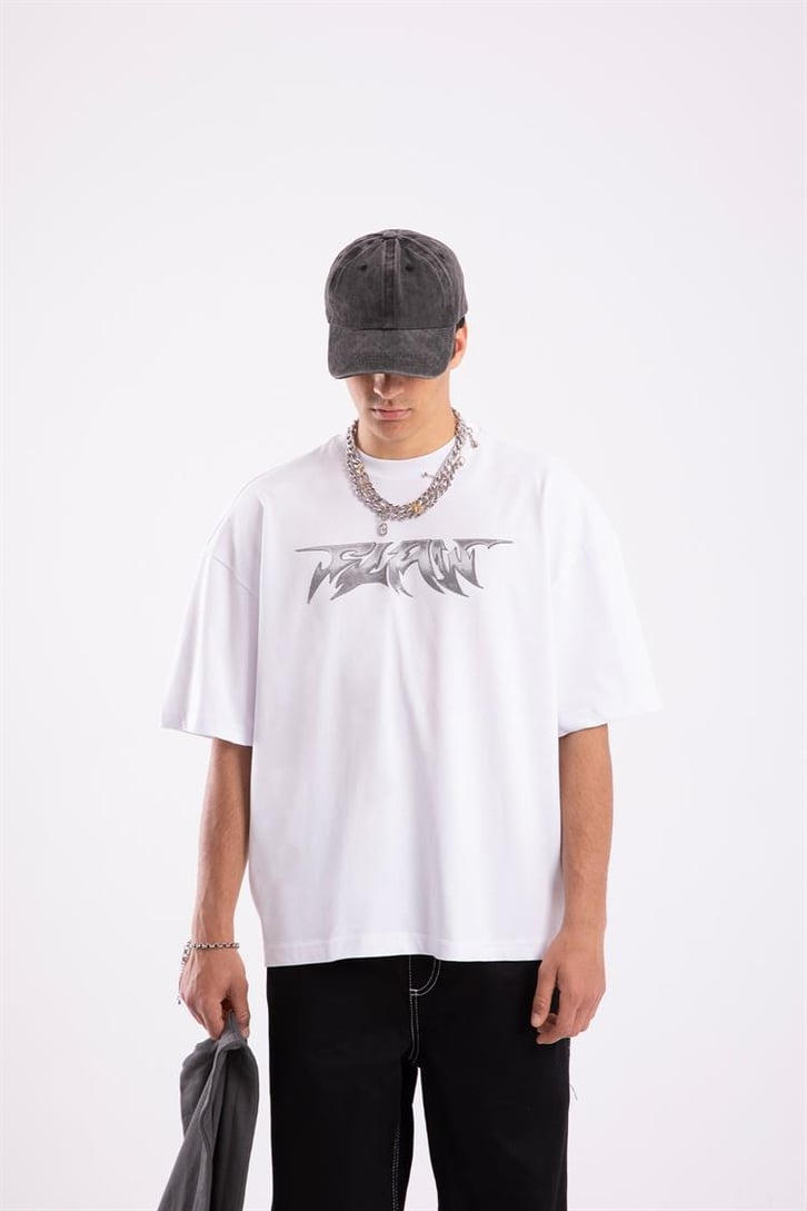 Flaw Atelier Metallic Logo Printed Beyaz Oversize Tshirt