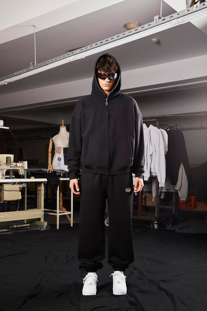 Flaw Atelier Oversize Basic Siyah Full Zip Hoodie