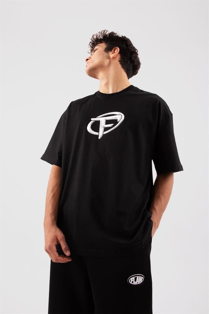 Flaw Atelier Puf Hologram F Print Siyah Relax Tişört