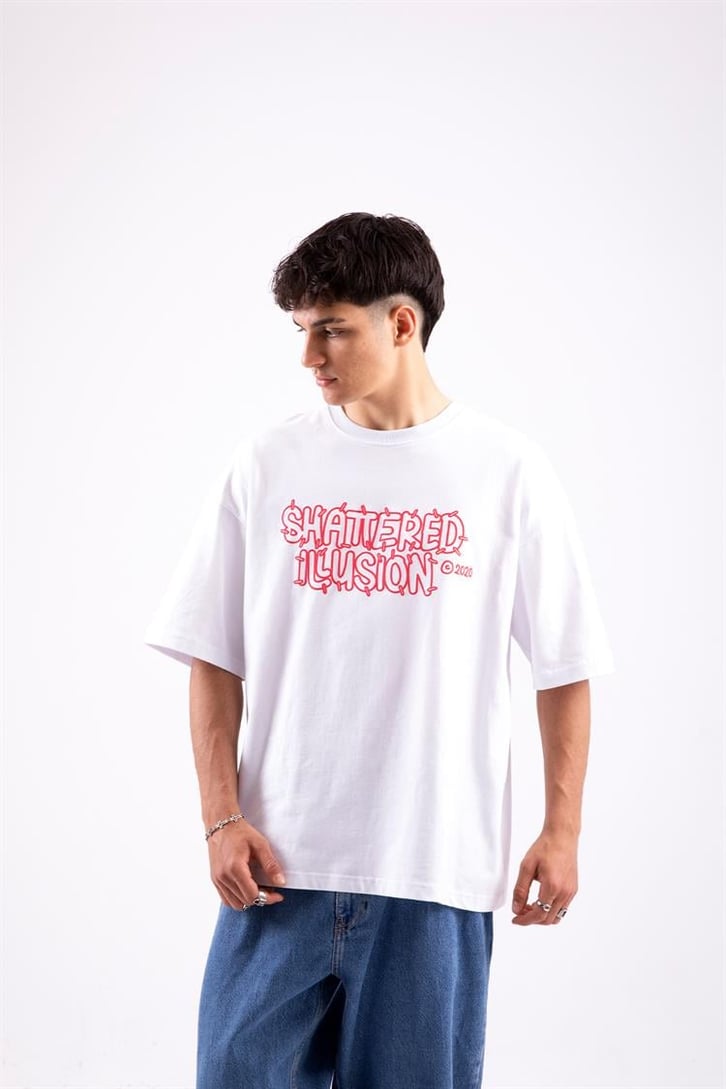 Flaw Atelier Shattered Illusion Prtinted  Beyaz Overize Tshirt