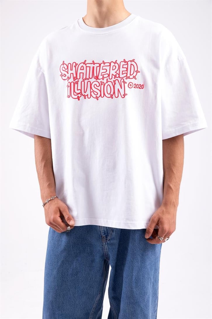 Flaw Atelier Shattered Illusion Prtinted  Beyaz Overize Tshirt