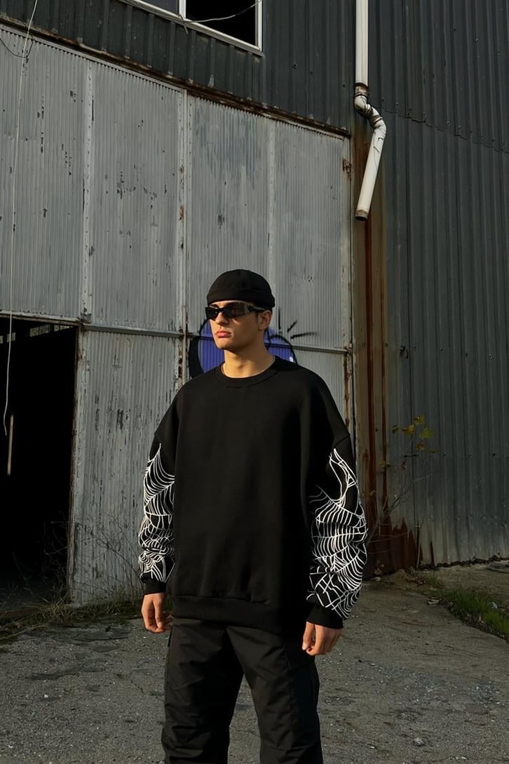 Flaw Atelier Spider Web Baskılı Siyah İçi Pamuklu Oversize Sweatshirt