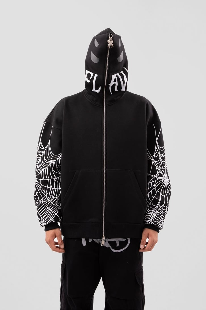 Flaw Atelier Spider Web Full Zip Siyah Oversize Hoodie