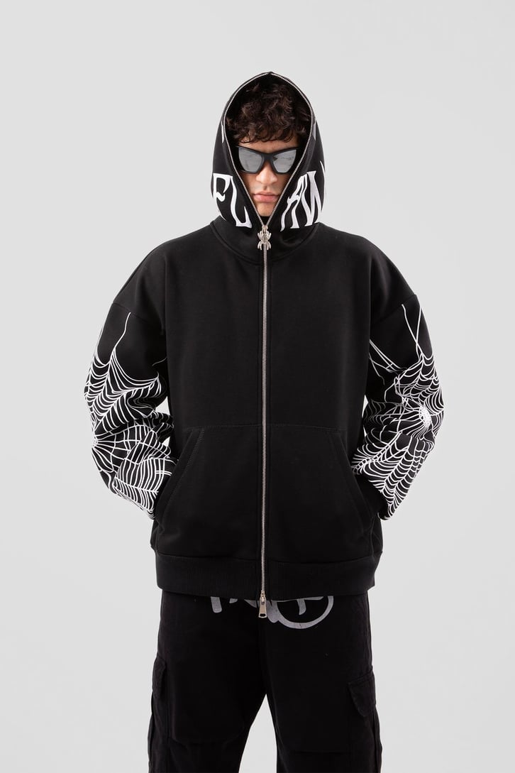 Flaw Atelier Spider Web Full Zip Siyah Oversize Hoodie