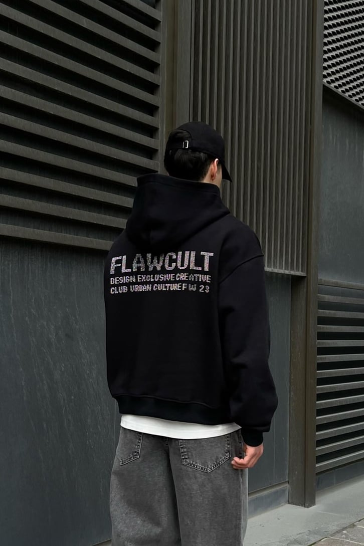 Flaw Atelier Taş İşlemeli Siyah Oversize Hoodie