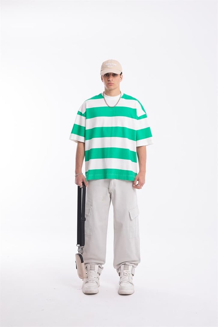 Flaw Atelier Yeşil Çizgili Oversize Tshirt