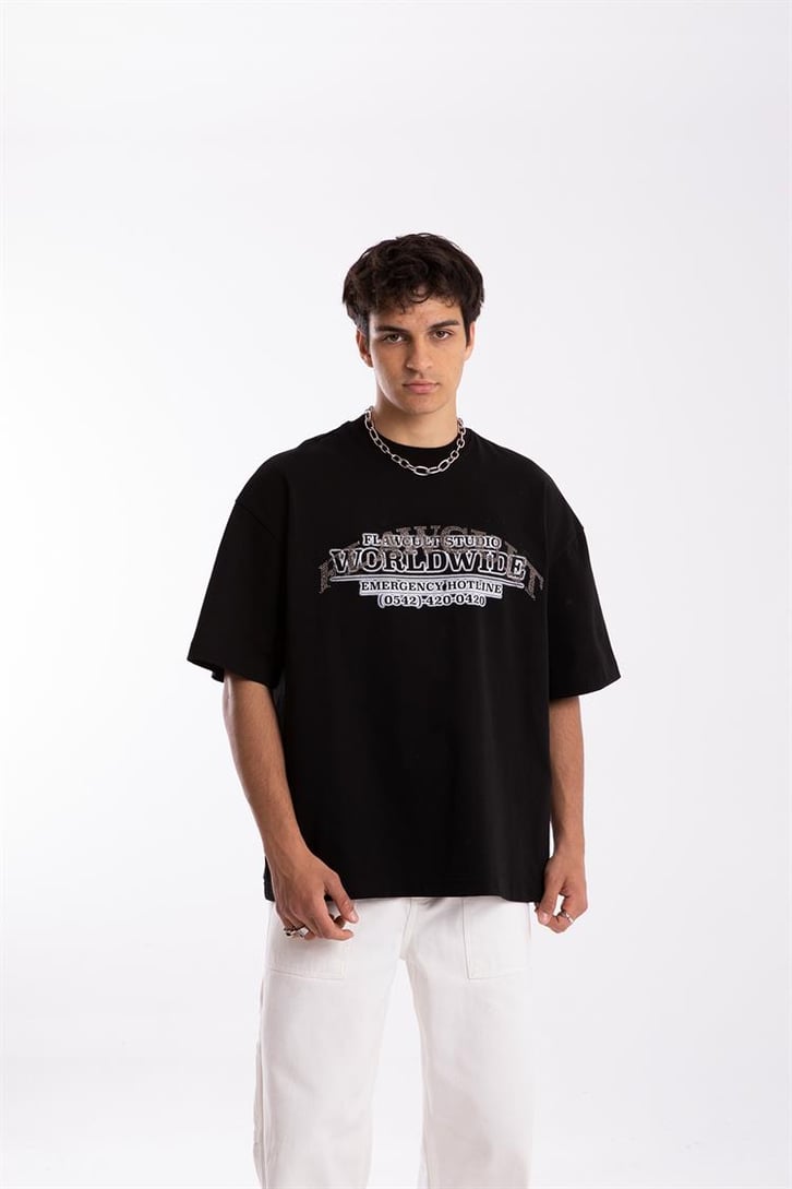 Flaw Cult Stone Work Siyah Oversize Tshirt