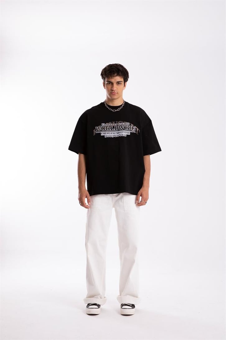 Flaw Cult Stone Work Siyah Oversize Tshirt