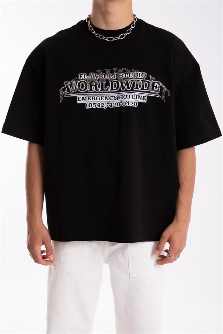 Flaw Cult Stone Work Siyah Oversize Tshirt