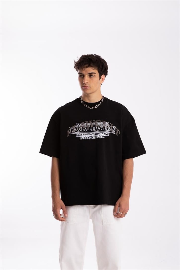 Flaw Cult Stone Work Siyah Oversize Tshirt
