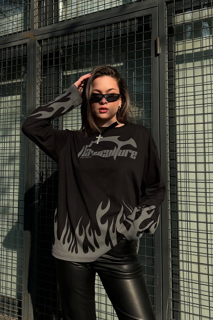 Flaw Culture Flame Long Sleeve Siyah Tshirt