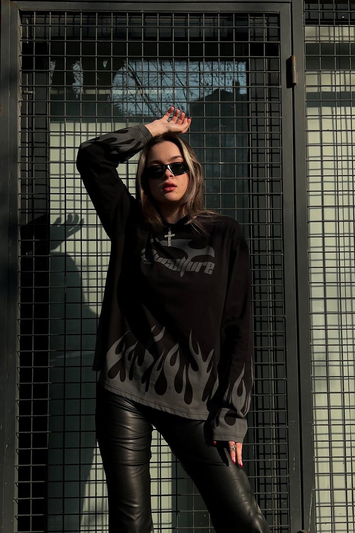 Flaw Culture Flame Long Sleeve Siyah Tshirt