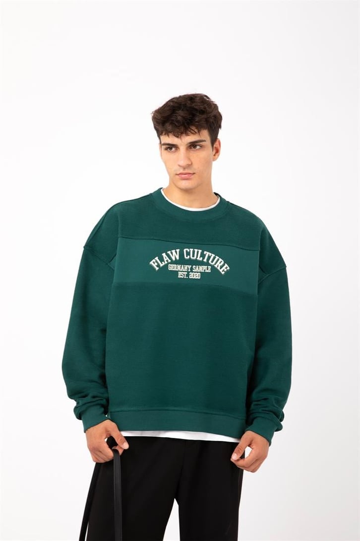 Flaw Culture - Germany Sample Baskılı Yeşil Oversize Sweatshirt
