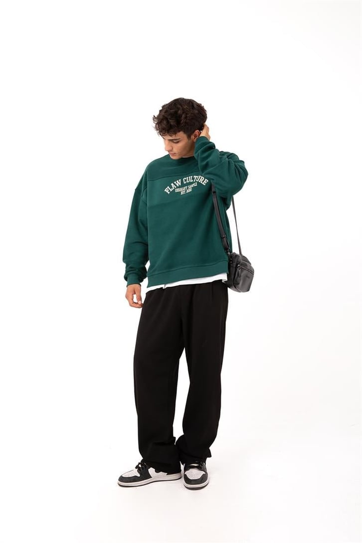 Flaw Culture - Germany Sample Baskılı Yeşil Oversize Sweatshirt