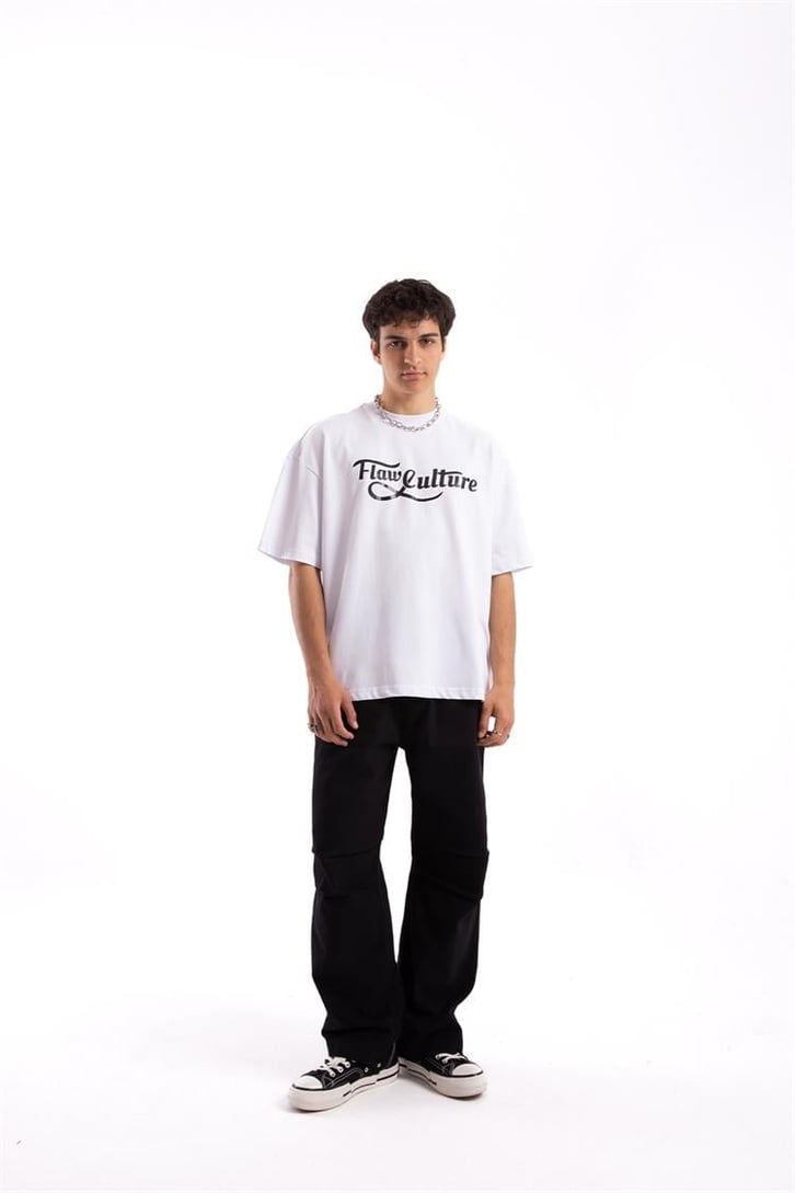Flaw Culture Old School Printed Beyaz Oversize Tshirt
